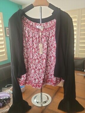Max Studio Floral Red & White Blouse With 80% Silk Black Cardigan Layer